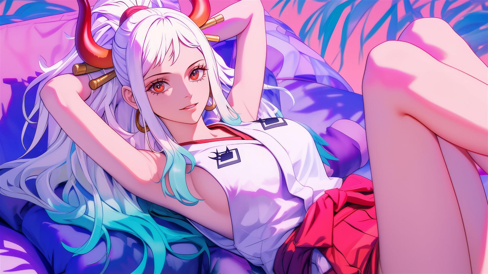 Yamato from One Piece on bed under neon pink light, hair in breeze.