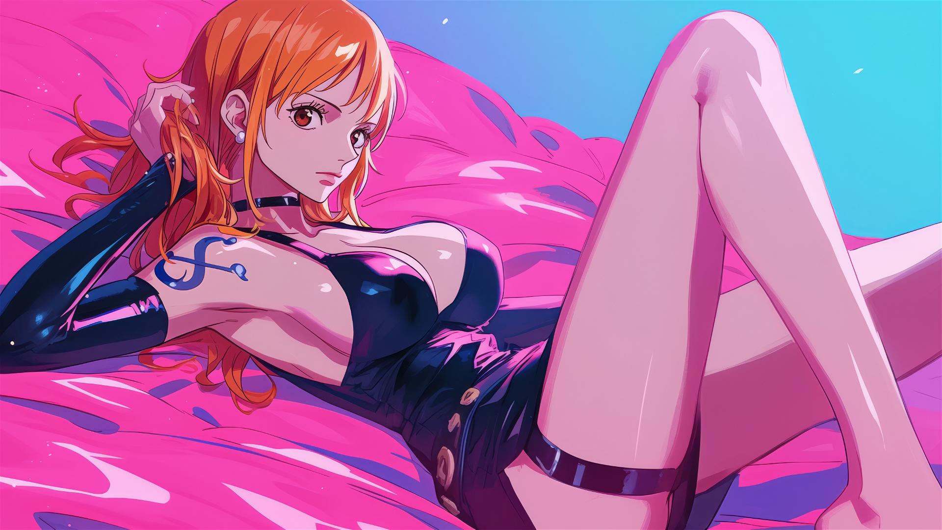 Nami from One Piece in black and pink leather, with neon glow and air swirls.