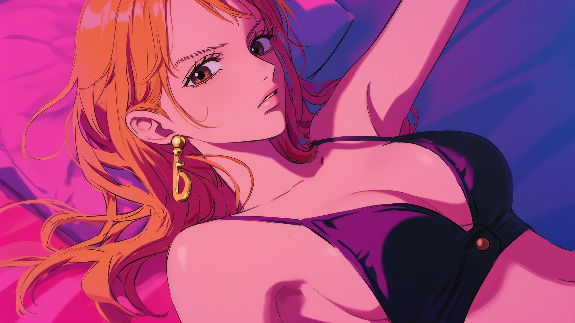 Nami from One Piece in black and pink leather with neon pink lighting.
