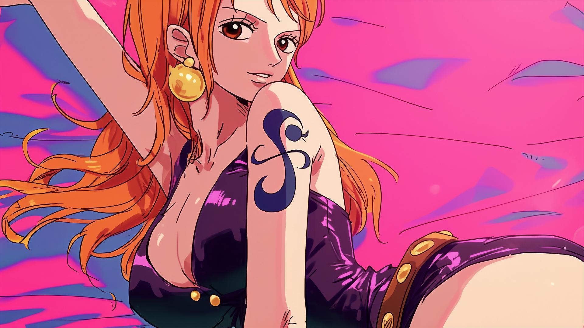 Nami from One Piece in black and pink leather, with swirling air and neon glow.