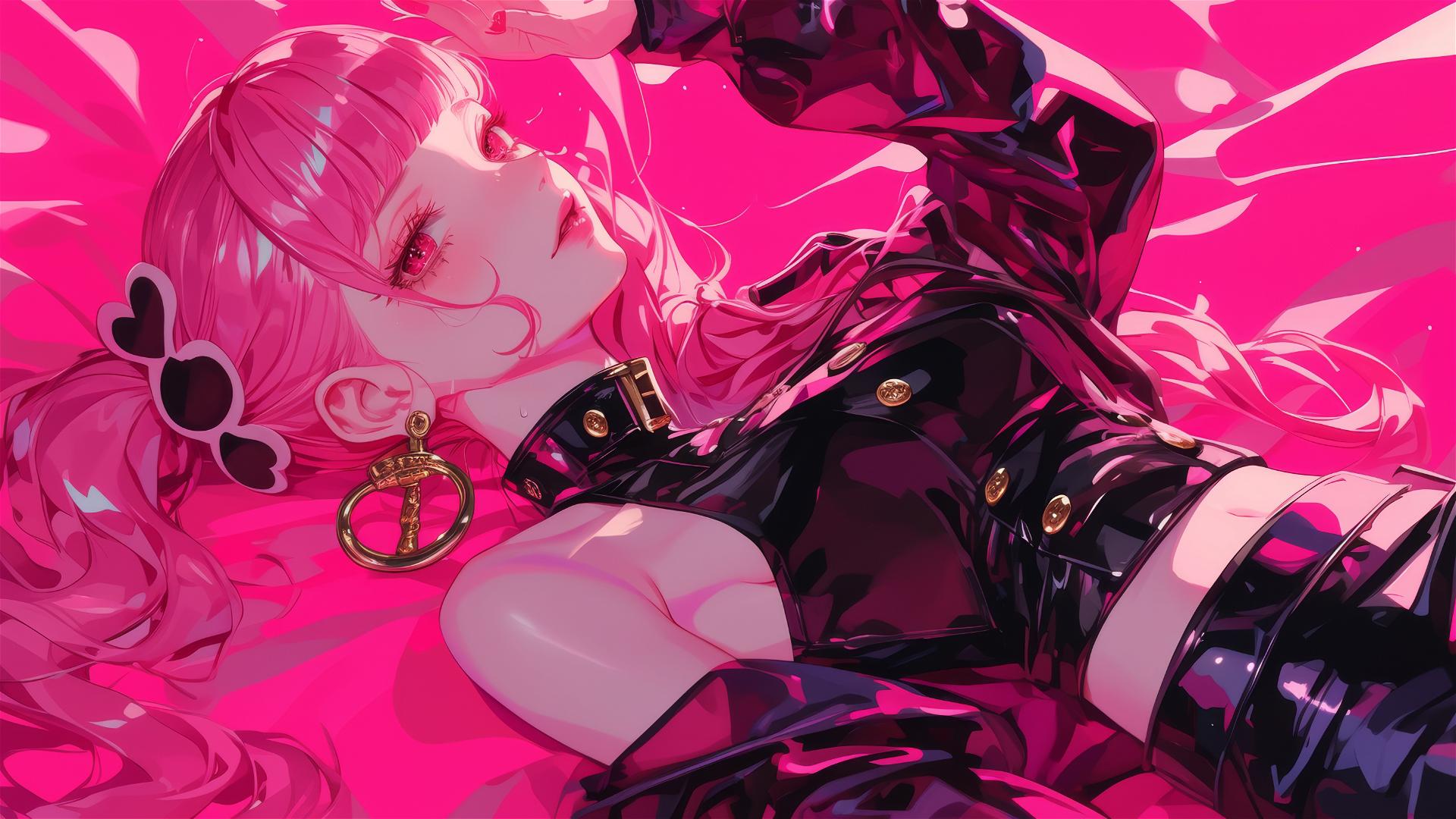 Perona from One Piece in bed, black and pink outfit, neon glow, gold earrings.