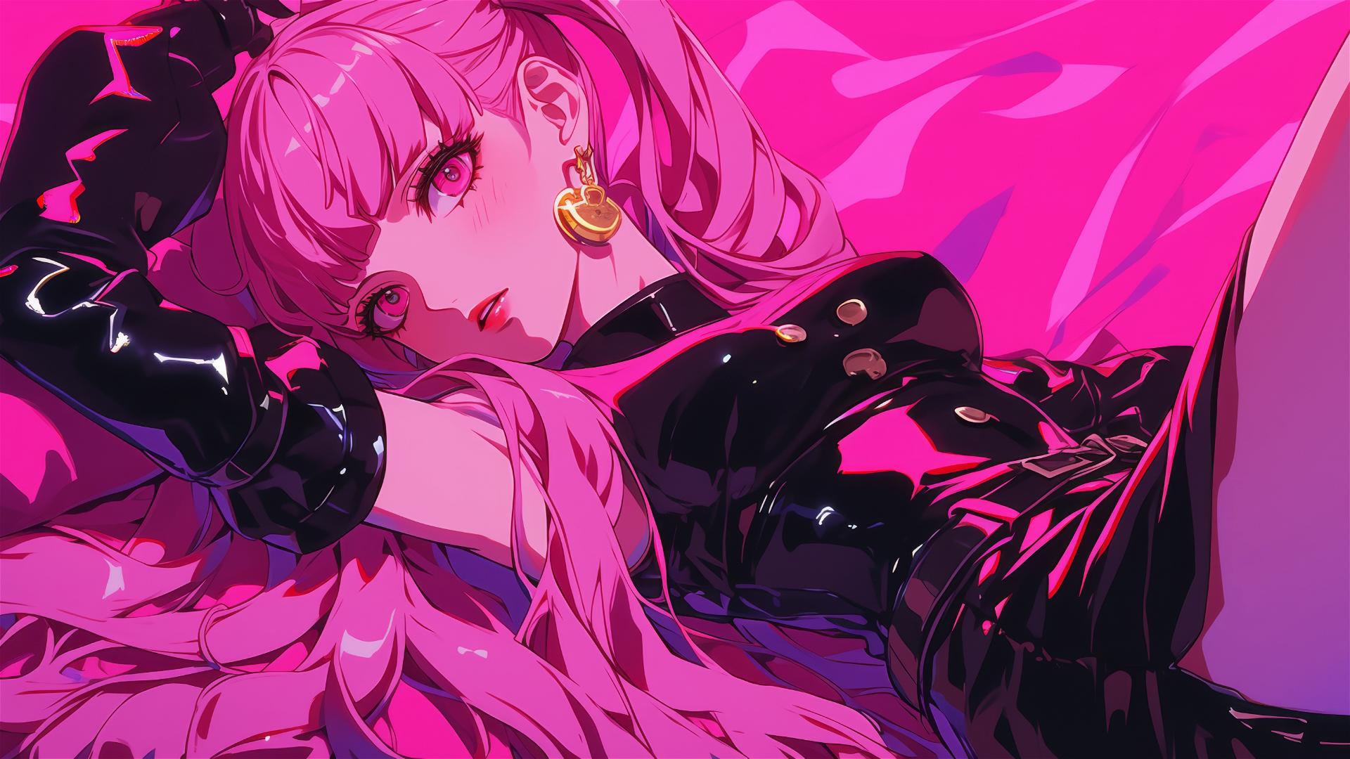 Perona from One Piece in black and pink leather, with neon glow.