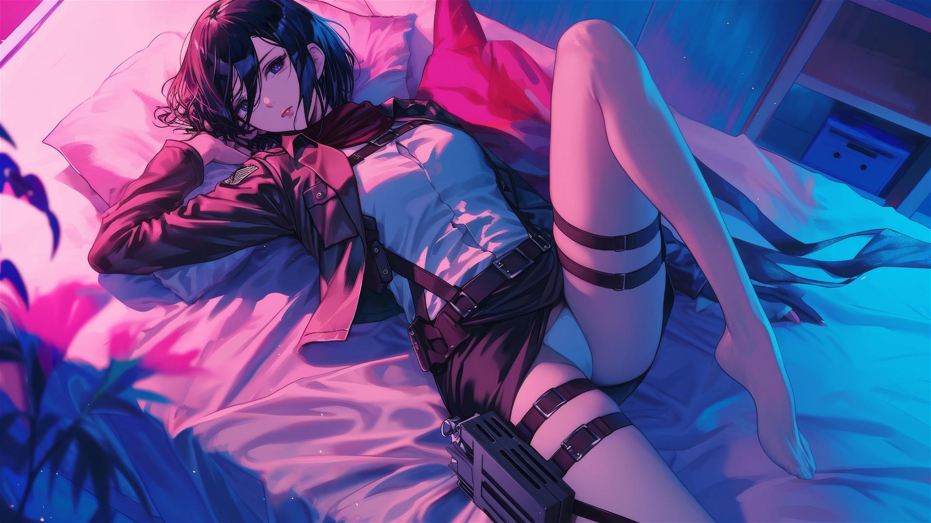 Mikasa Ackerman in black and pink leather on a bed, neon pink light, hyper-realistic anime style.