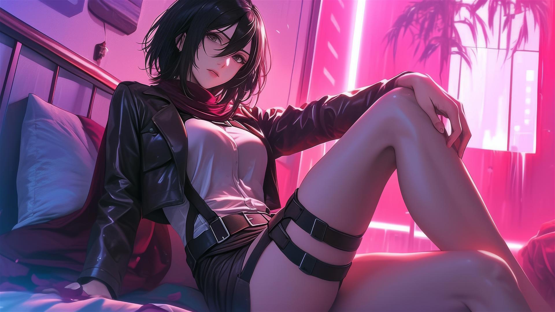 Mikasa Ackerman lounging in neon-lit attire, hyper-realistic anime style.