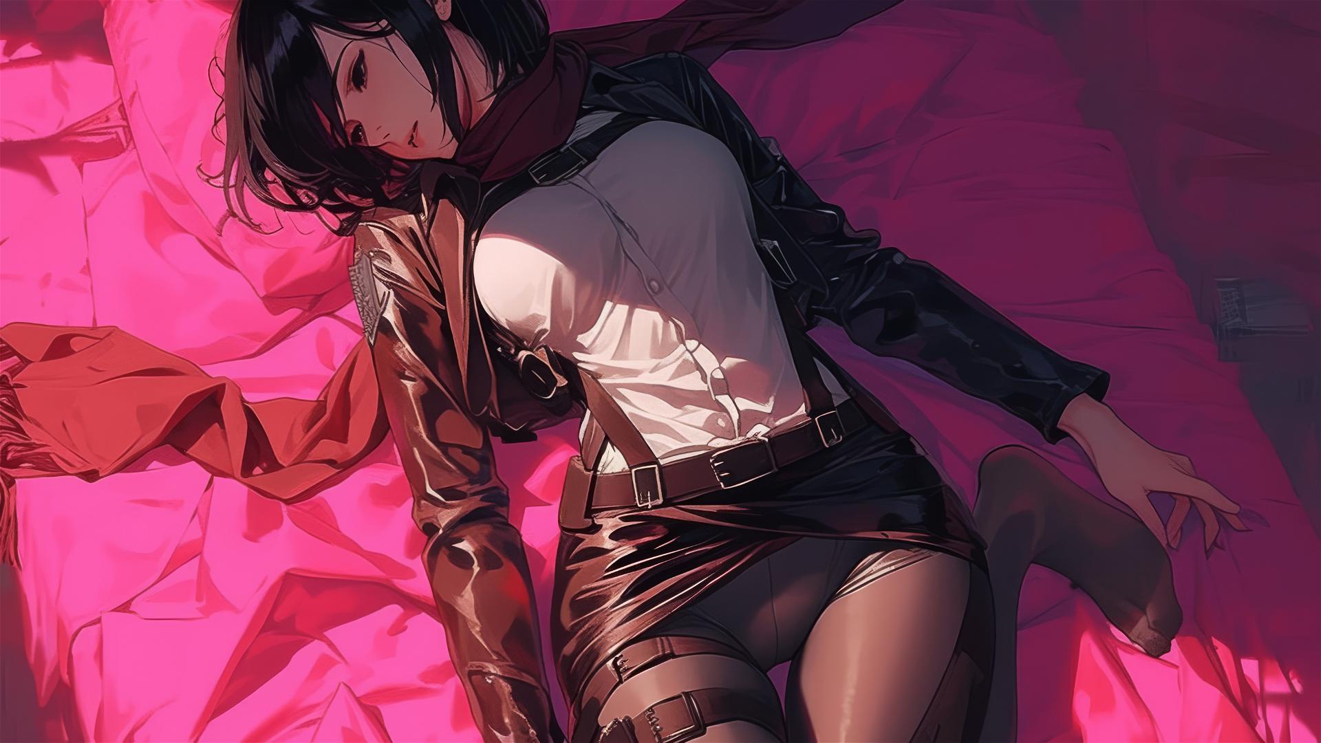 Mikasa Ackerman in black and pink leather on a bed, neon pink light illuminating her.