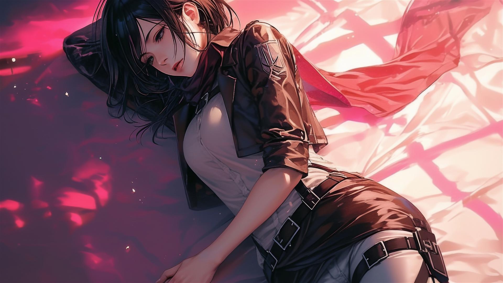 Mikasa Ackerman in black and pink leather on a bed, neon pink light illuminating her.
