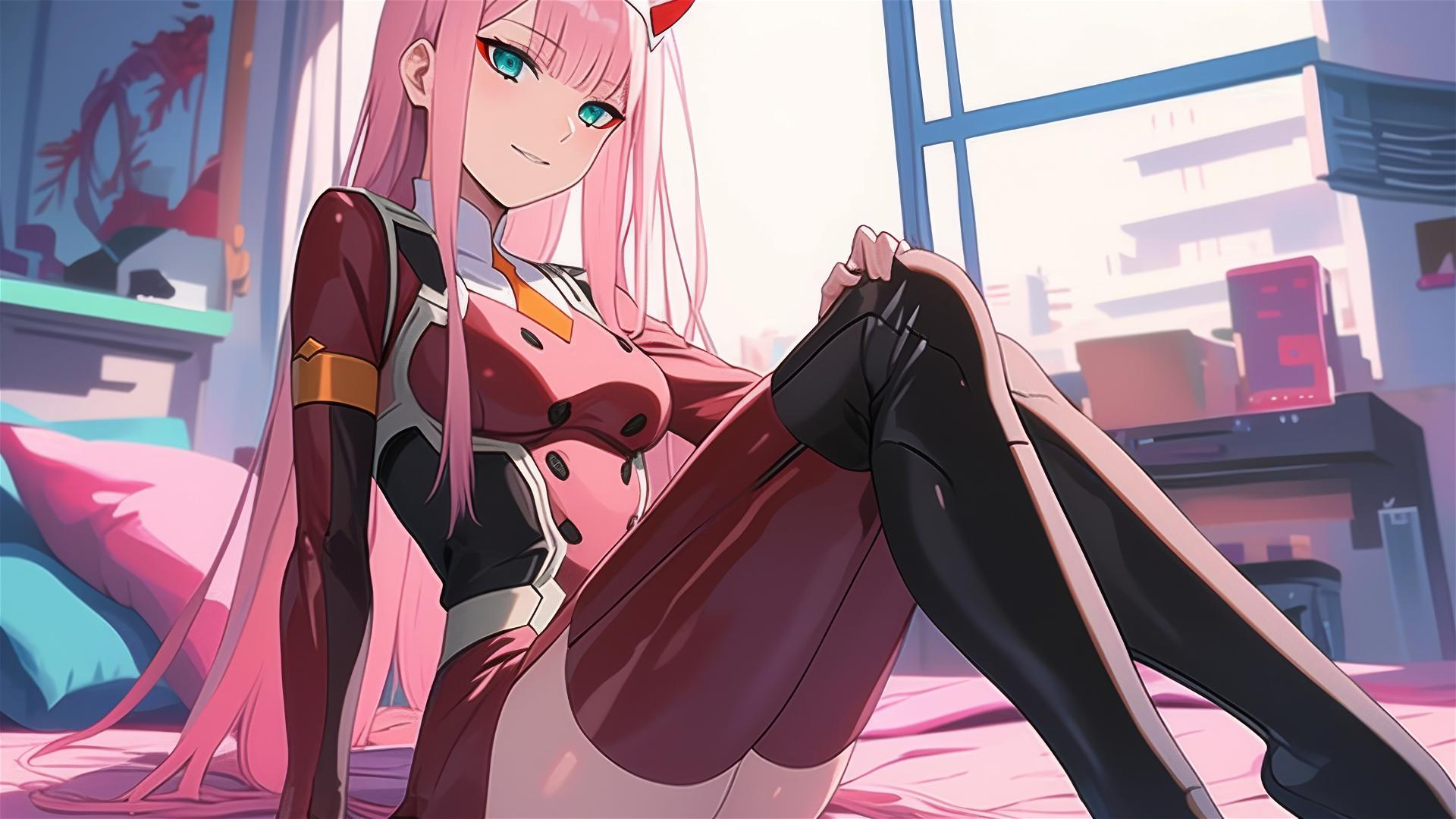 Zero Two in black and pink leather, neon pink lighting, hyper-realistic anime style.