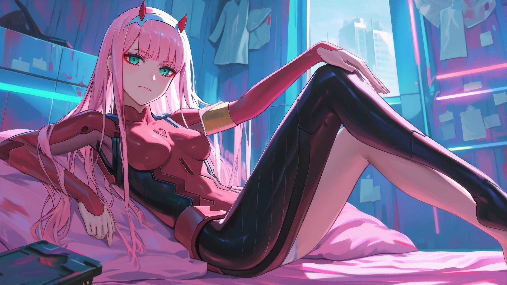 Zero Two in black and pink leather under neon pink light, hair tousled.