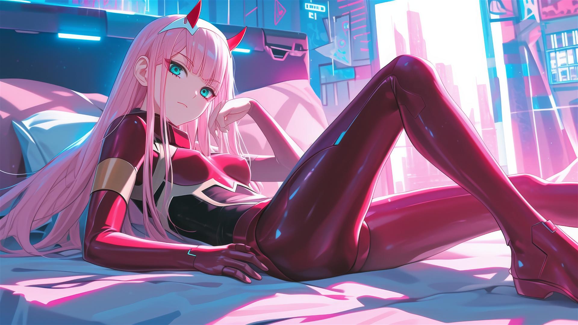 Zero Two in neon-lit black and pink leather attire, lounging.