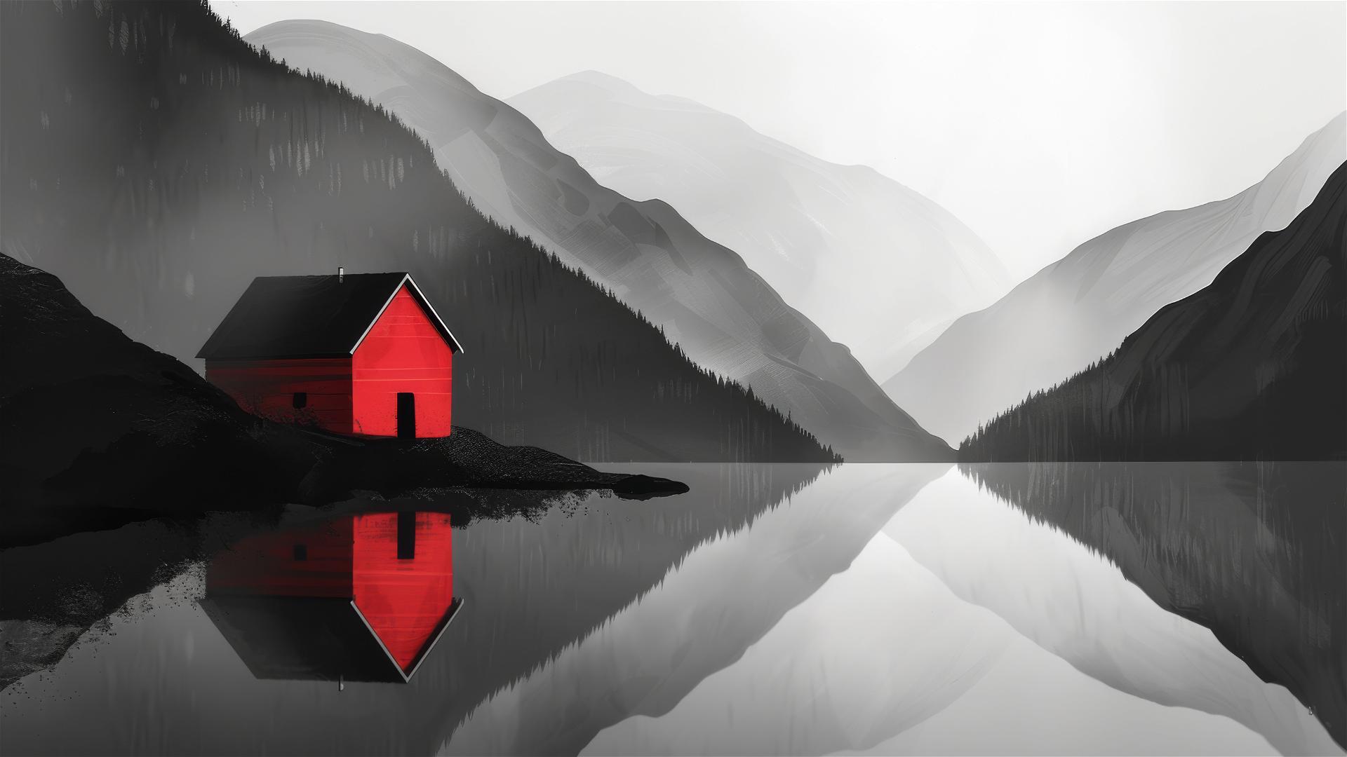 Minimalist red house in misty mountains with lake reflection, in black, white, and grey.