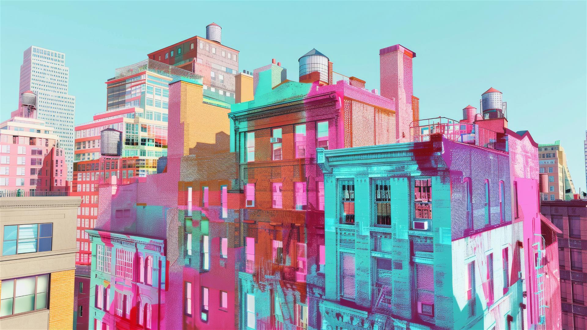 Neonpunk NYC buildings with environmental themes.