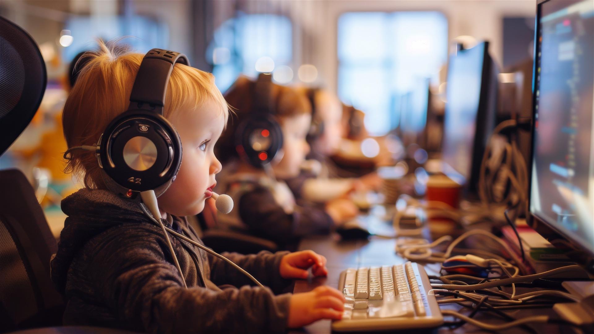 Adorable babies with headphones programming in office