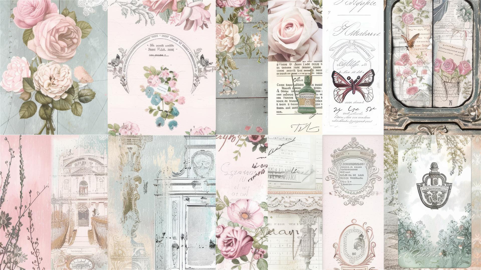 French shabby chic fabric patterns with pastel tones and textures.