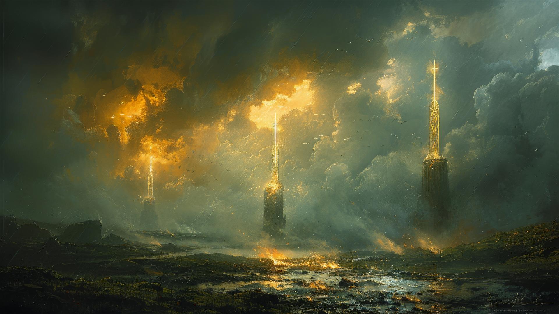 Celtic sword painting inspired by Friedrich, Alm, Duncanson.