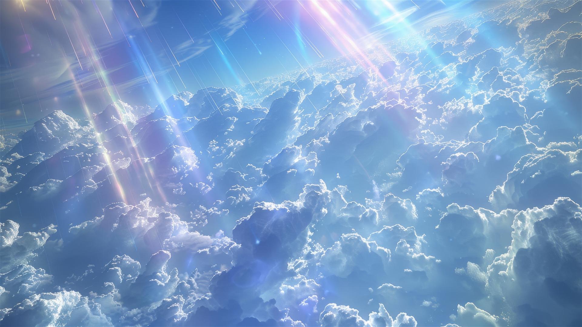 CG rendering of a blue universe with rainbow light and smooth clouds from above.
