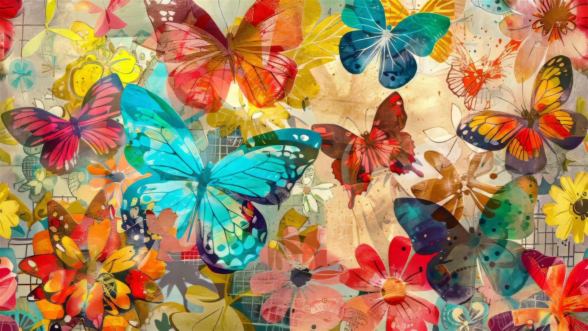 Watercolor collage of colorful butterflies and flowers with kawaii style
