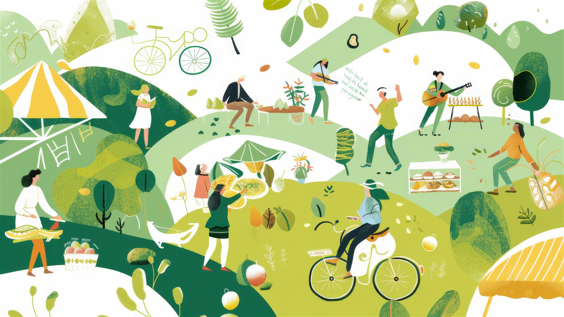 Illustration of Lively Valley food fair with people, snacks, and folk music.
