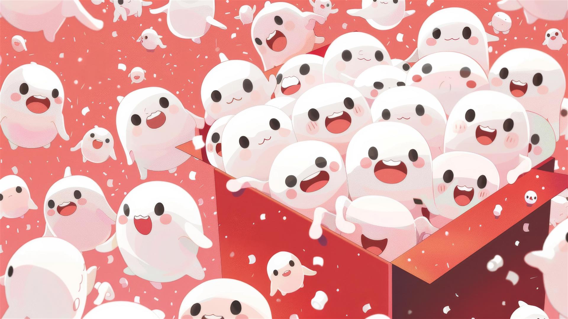 Cute marshmallow people with Ghibli eyes and pastel colors on patterned background
