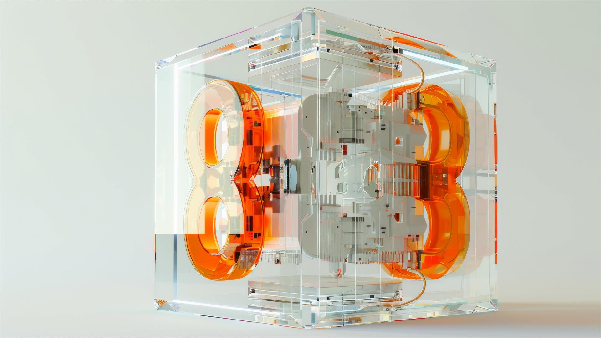 3D-rendered '8' in frosted glass case with mechanical structure and orange accents