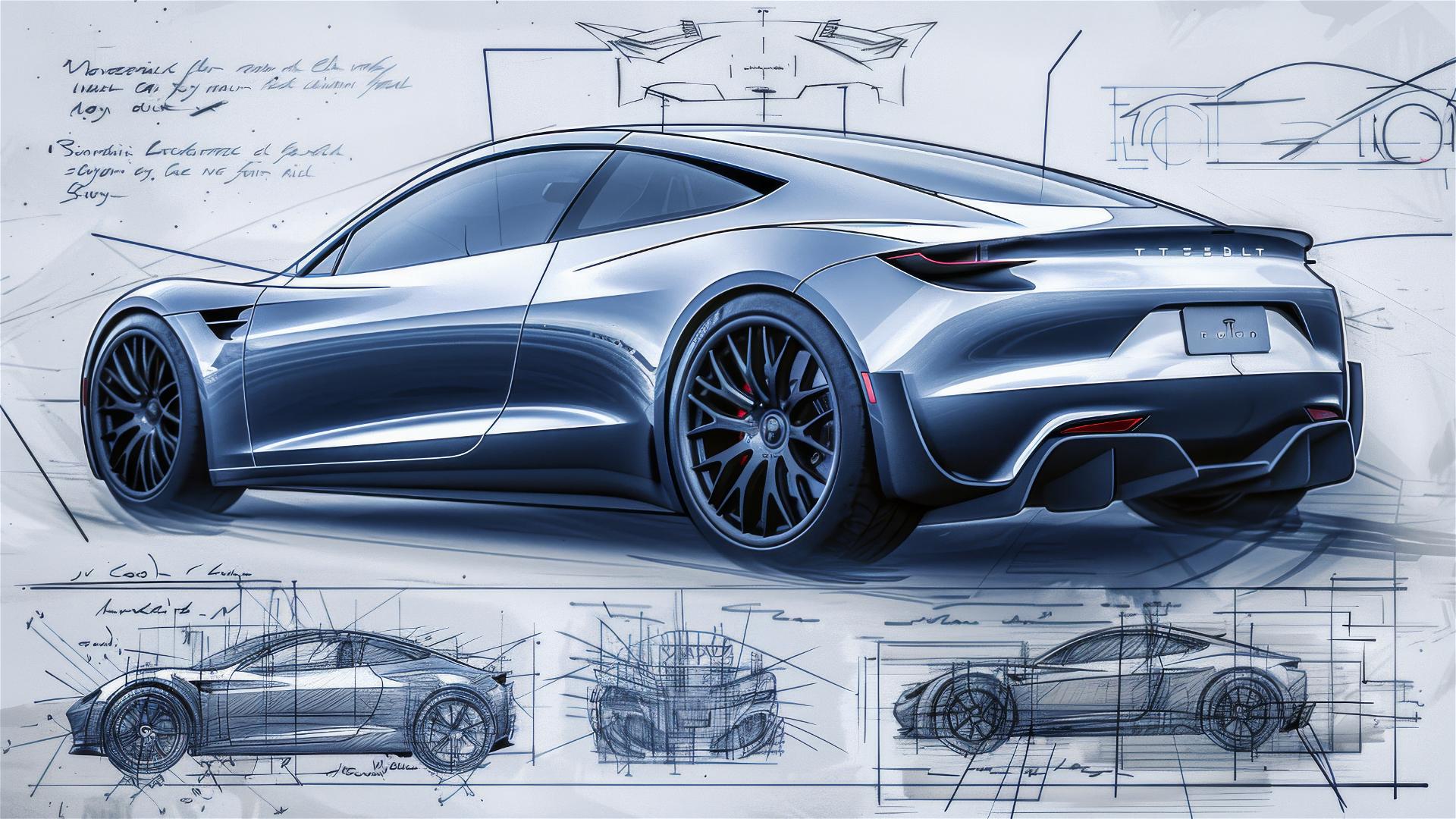 Black and white Tesla Roadster blueprint and sketch.