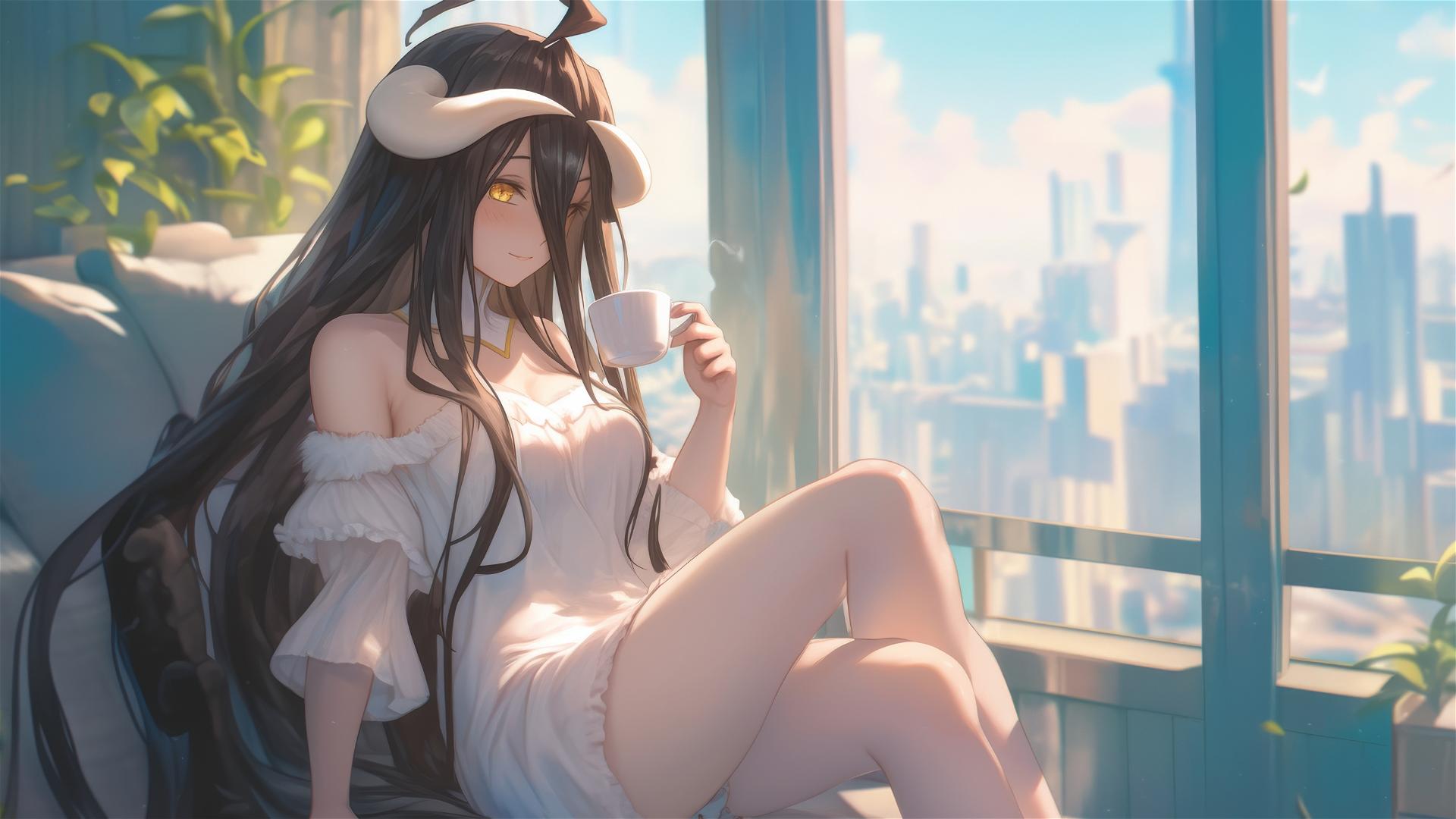 Albedo in white silk pajamas sipping coffee at sunrise.