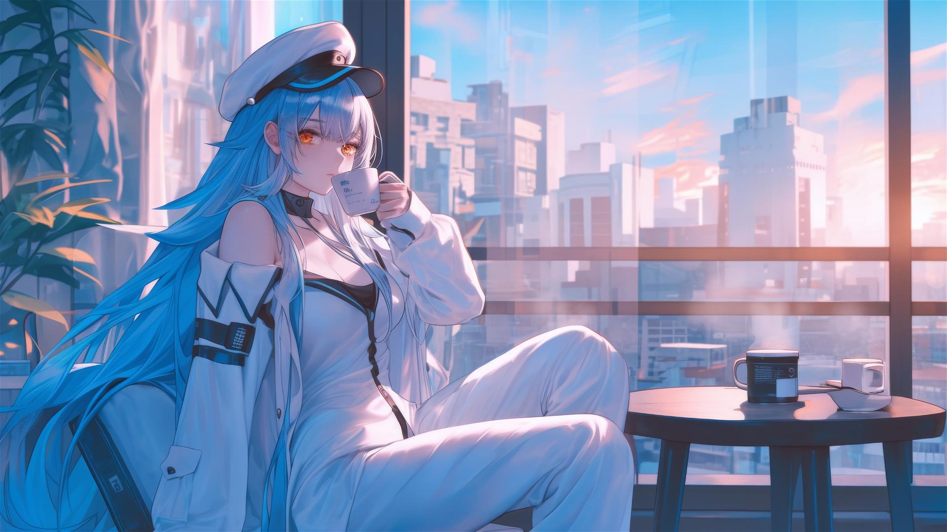 Esdeath in silk pajamas with coffee at sunrise.
