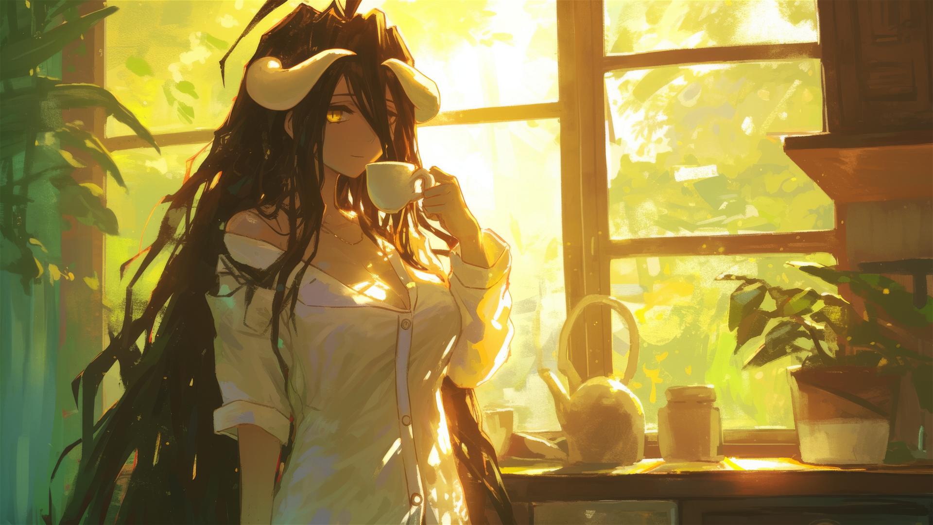 Albedo in white silk pajamas with coffee at sunrise