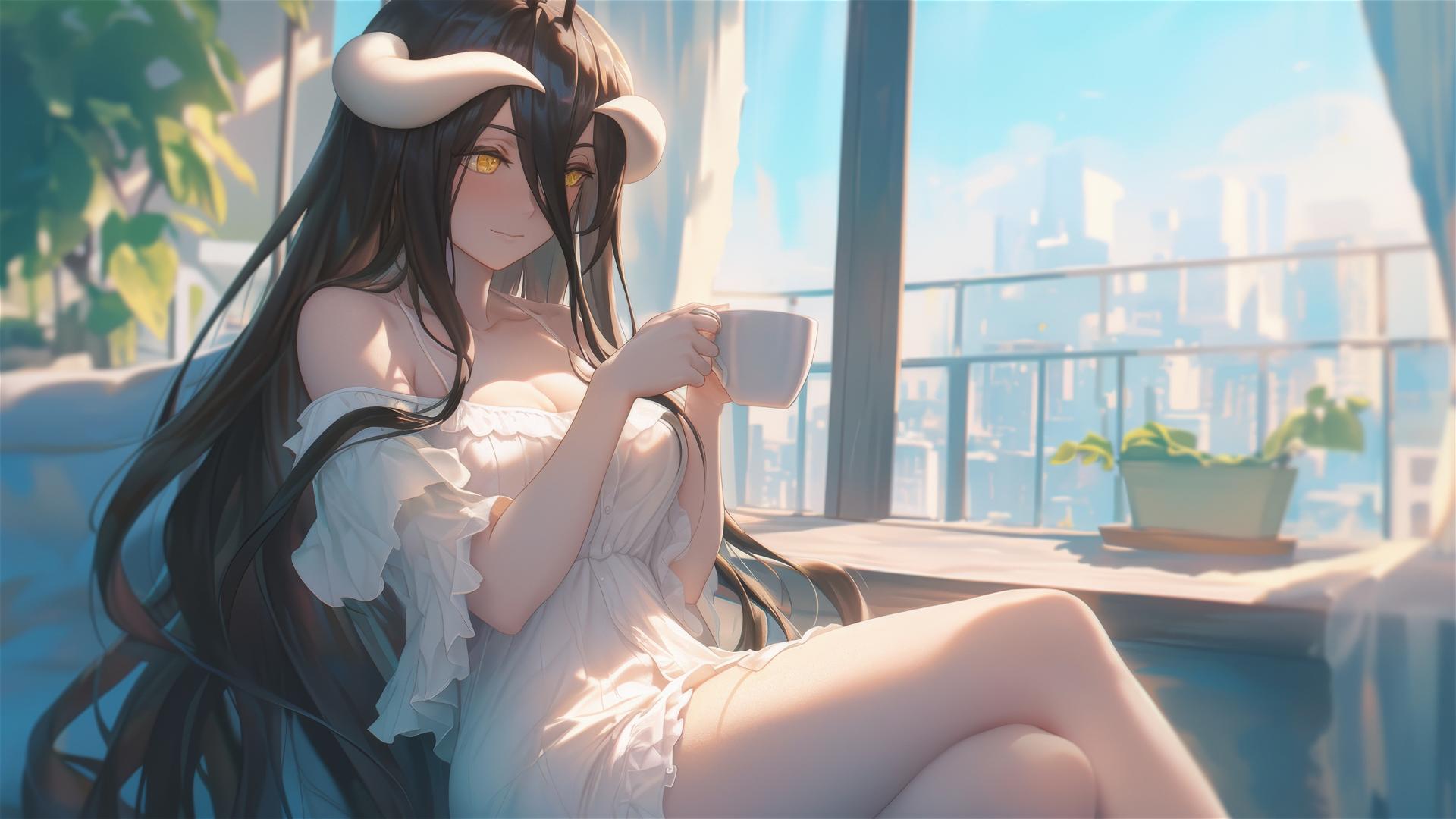 Albedo in white silk pajamas sipping coffee at sunrise