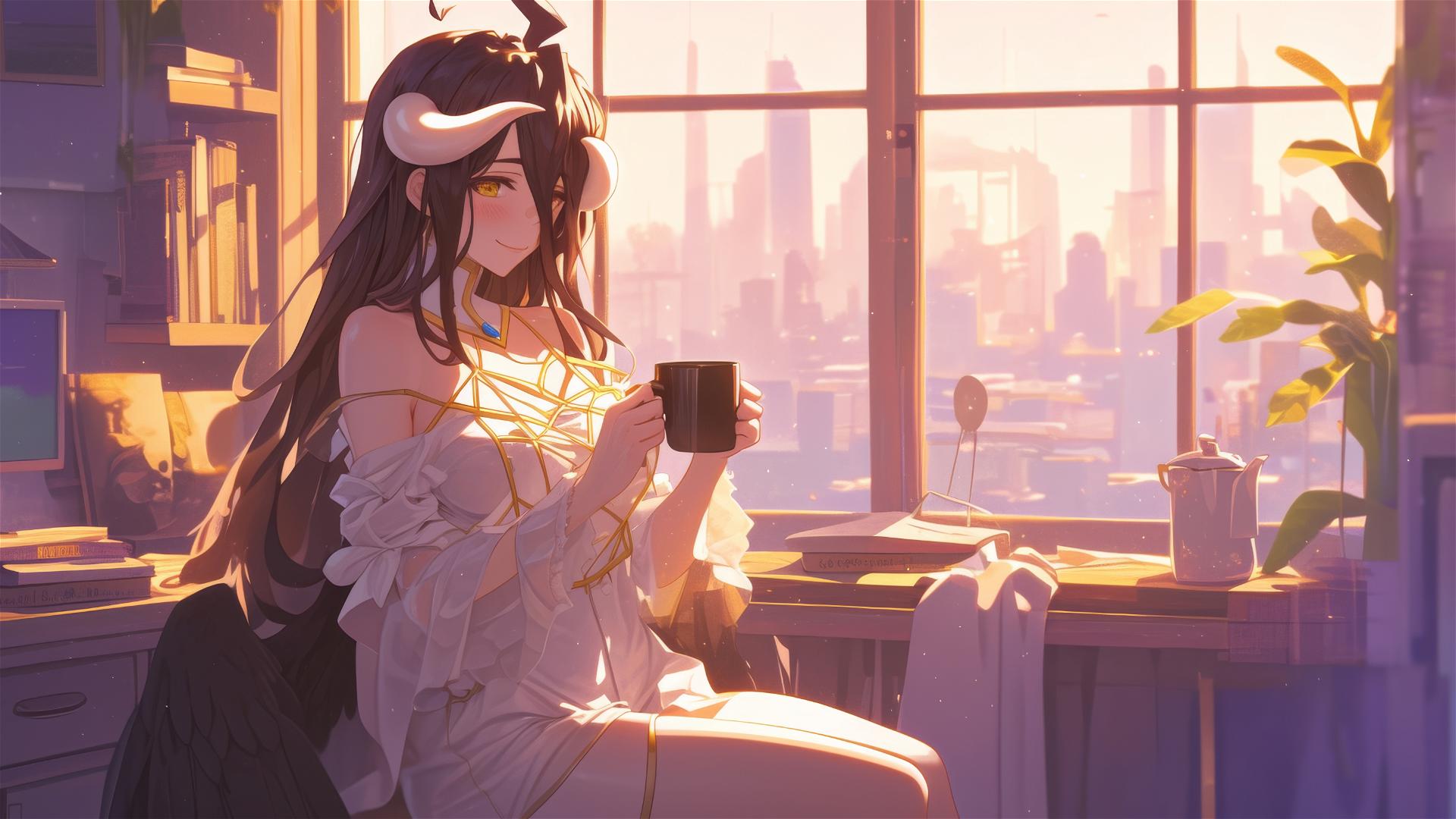 Albedo in white silk pajamas sipping coffee by a window at sunrise.