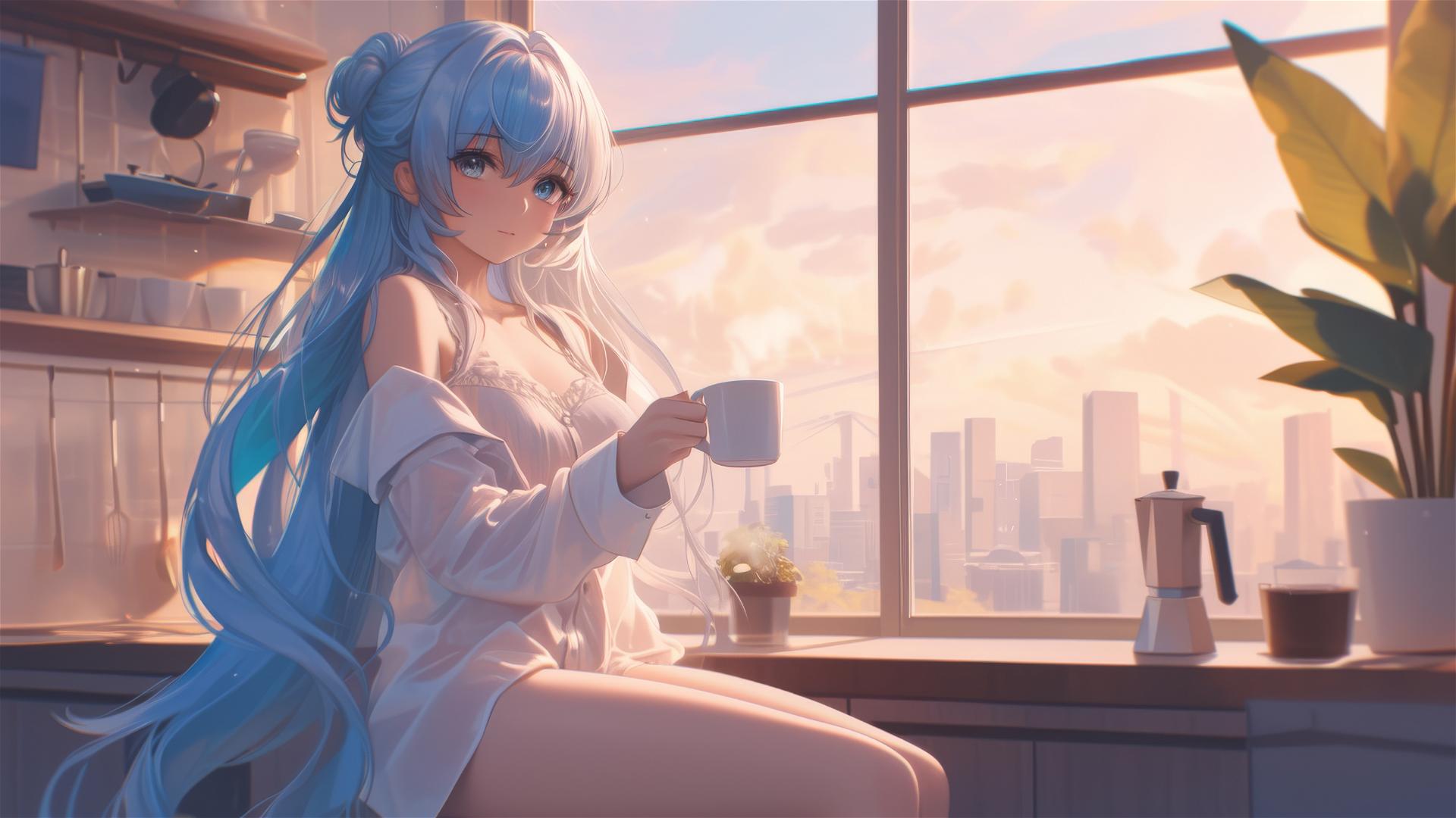 Esdeath in white silk pajamas with coffee at sunrise.