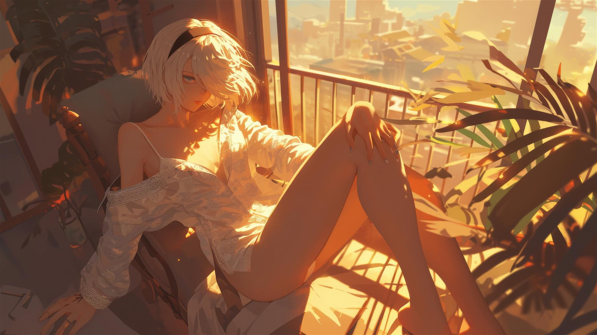 2B from Nier in white silk pajamas on a balcony with sunrise glow.