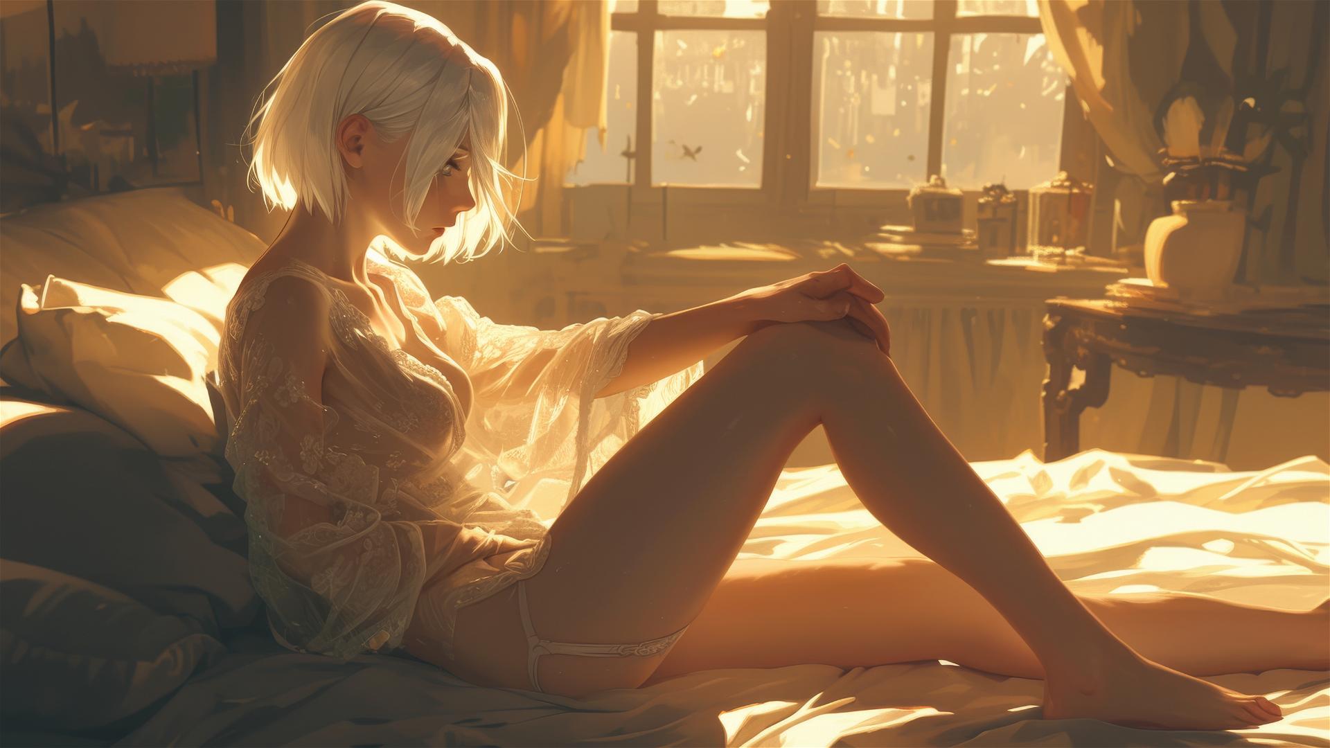 2B from Nier in white silk pajamas, basking in sunrise glow.