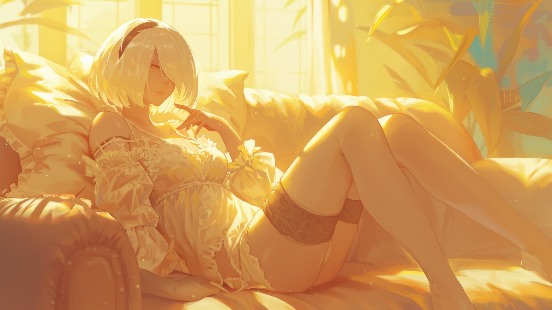 2B from Nier in white silk pajamas, resting at sunrise.