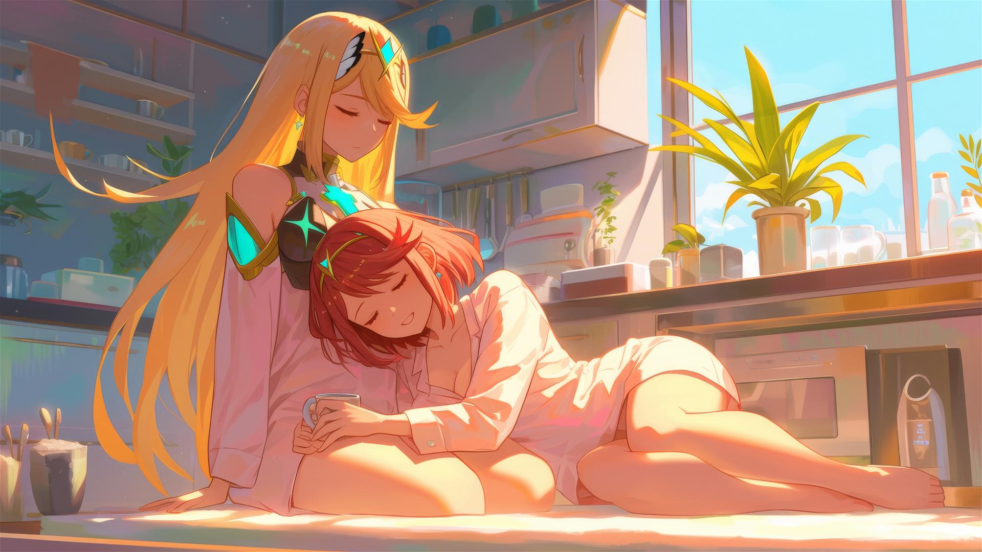 Pyra and Mythra in silk pajamas with coffee at sunrise.