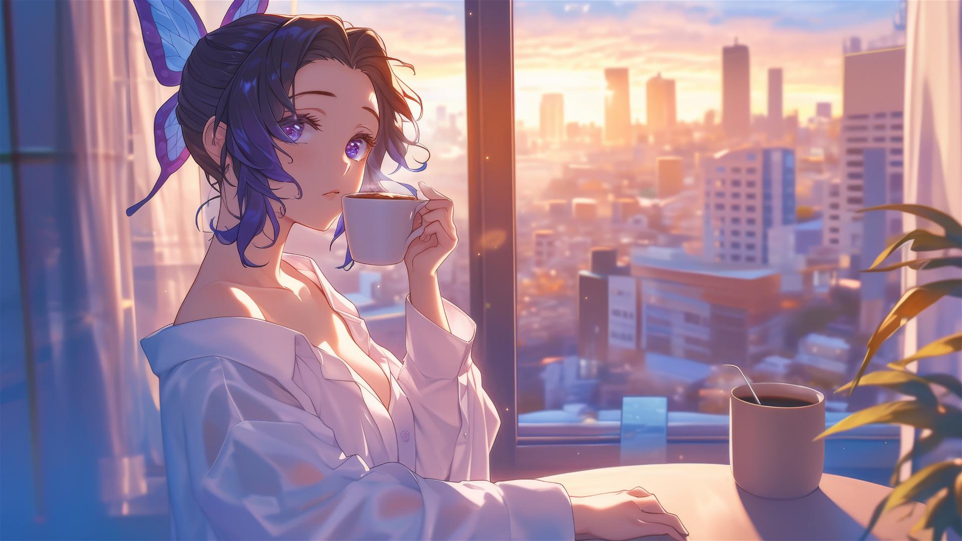 Shinobu Kocho in white shirt sipping coffee at sunrise