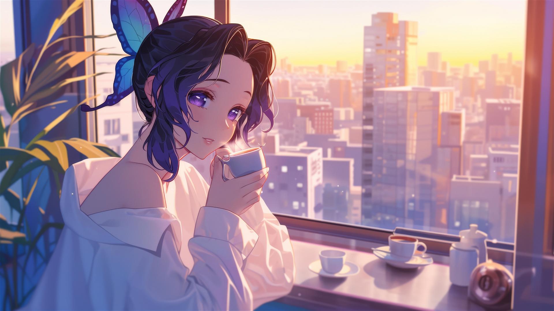 Shinobu Kocho from Demon Slayer in a white silk shirt, sipping coffee at sunrise.