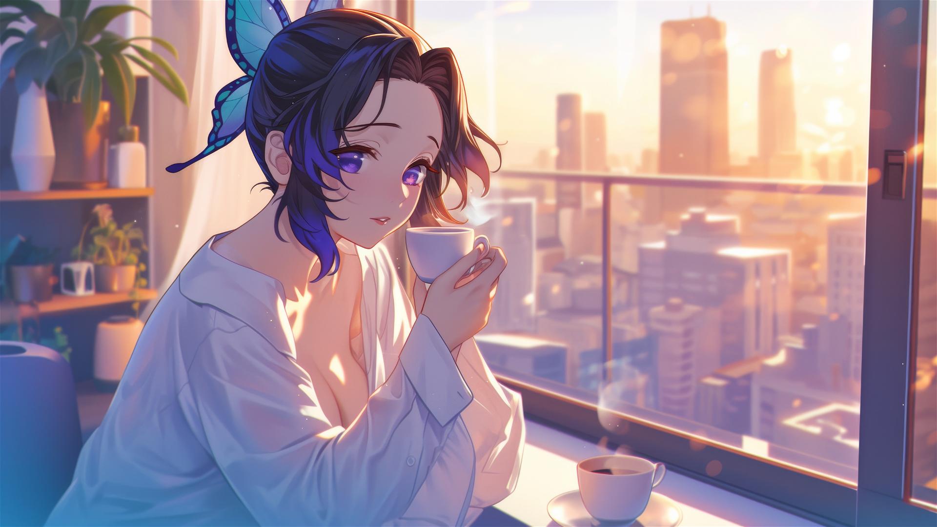Shinobu Kocho from Demon Slayer sipping coffee at sunrise in a modern kitchen.