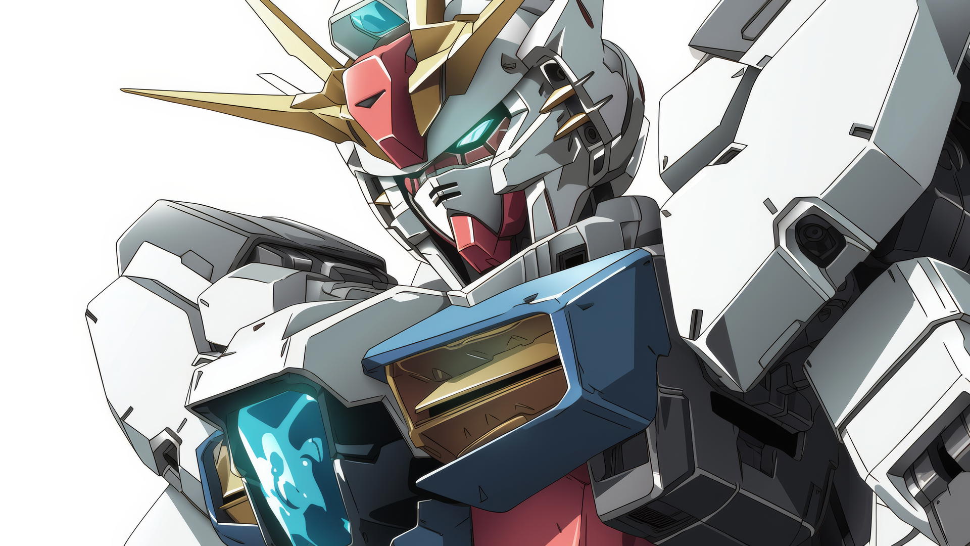 Close-up of Gundam mecha from head to torso on white background