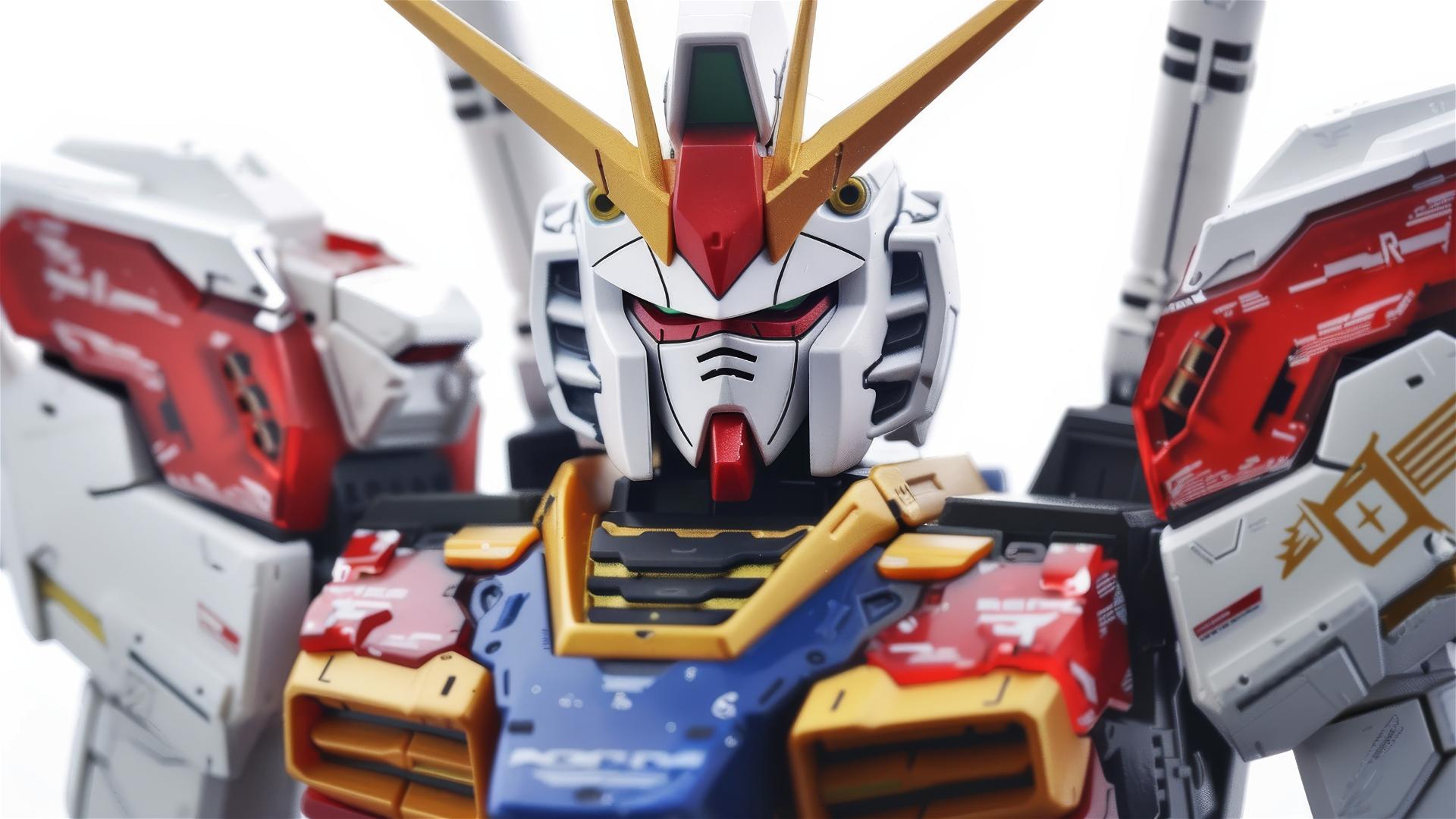 Close-up portrait of a Gundam mecha from head to torso on white background.