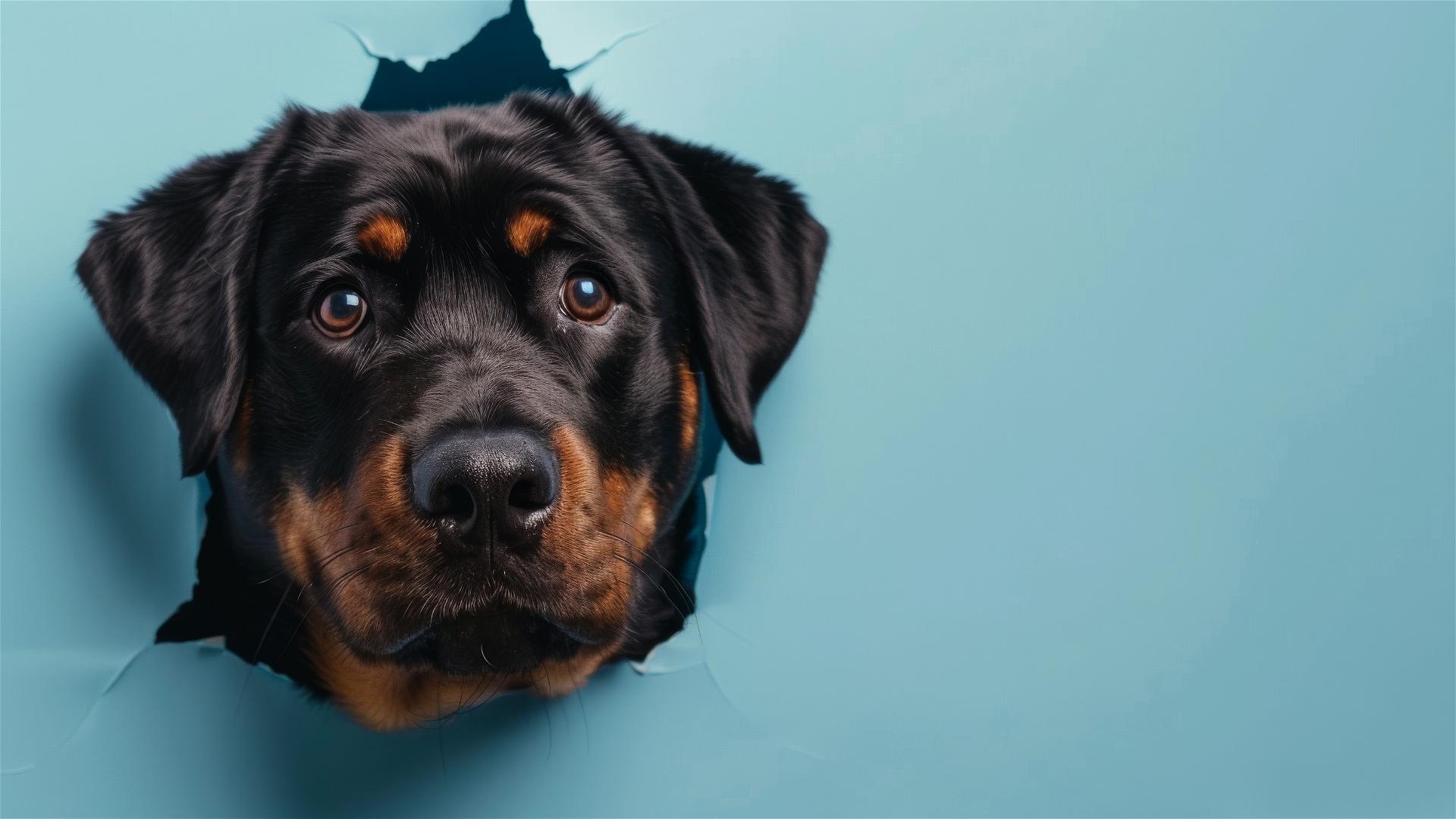 Rottweiler peeking from a hole in a sky blue wall