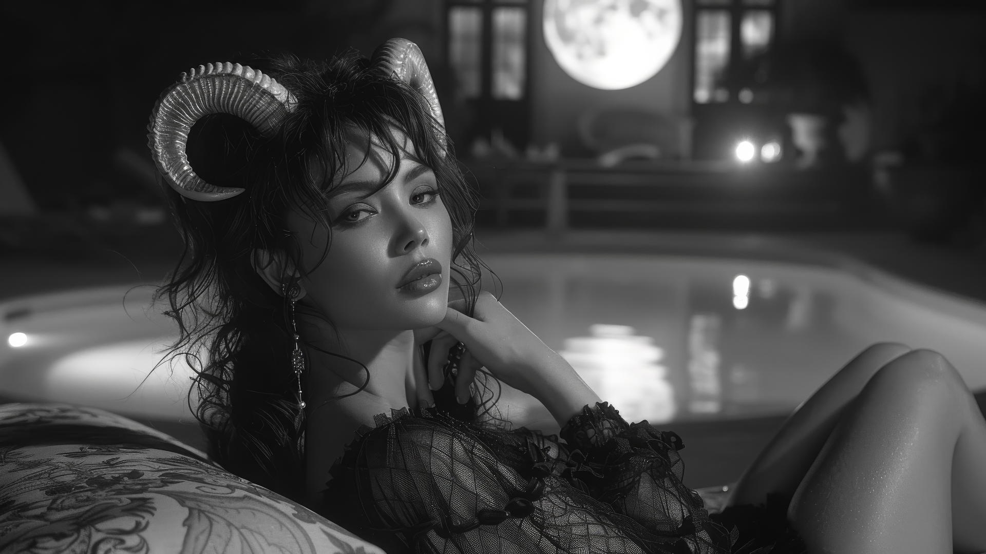 Asian demoness with horns lying by poolside in moonlight