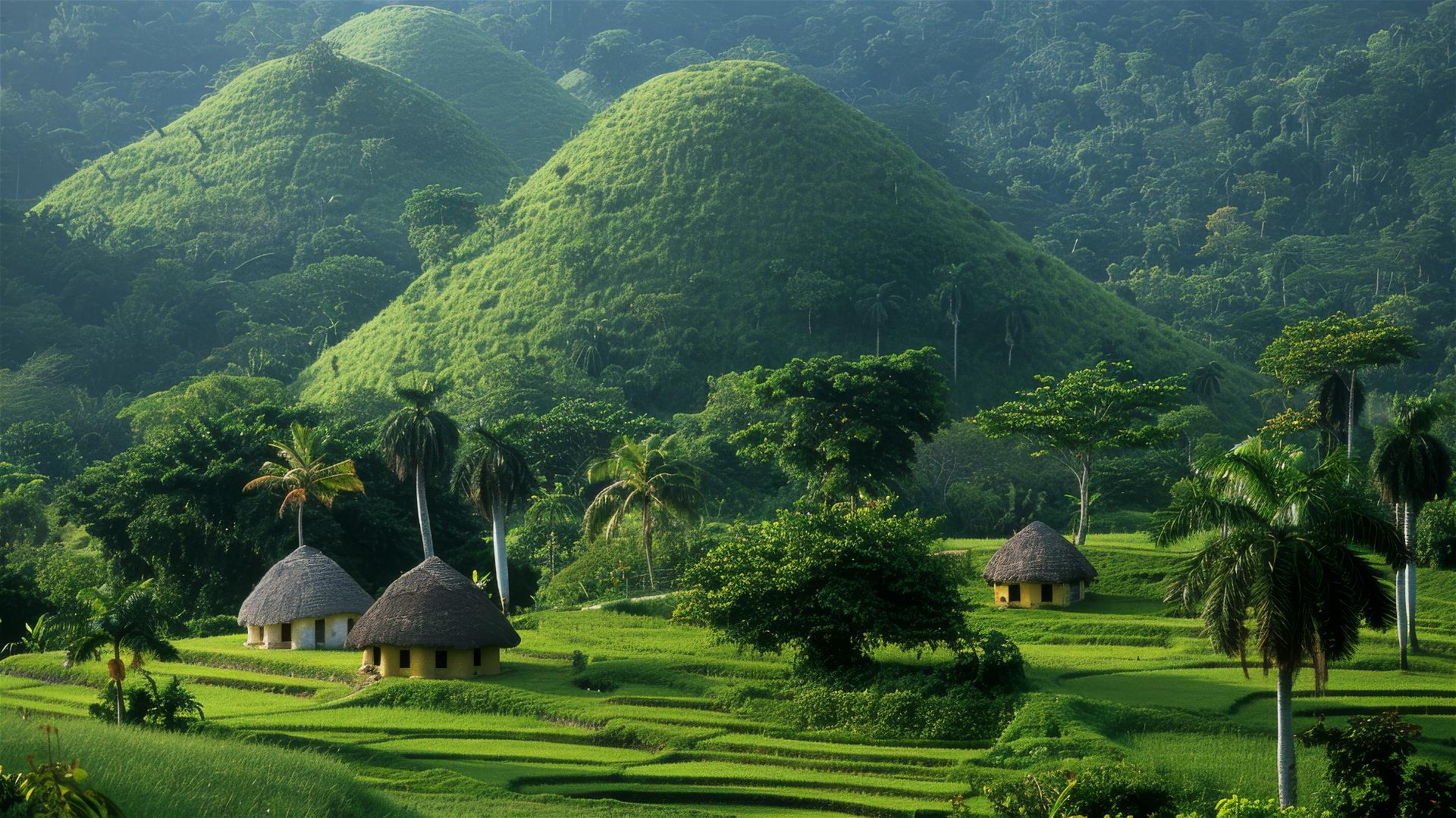 Tropical landscape with rolling hills, cultivated fields, palm trees, and thatch-roof hut under blue sky