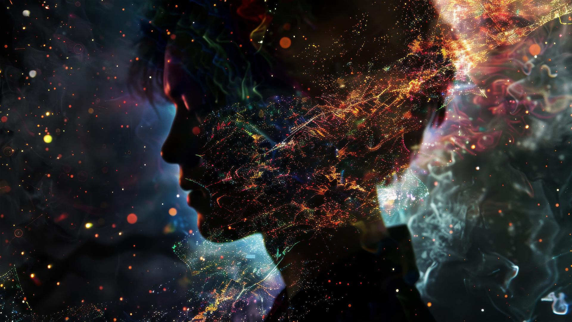 Quantum entanglement concept art with punk elements on a dark background