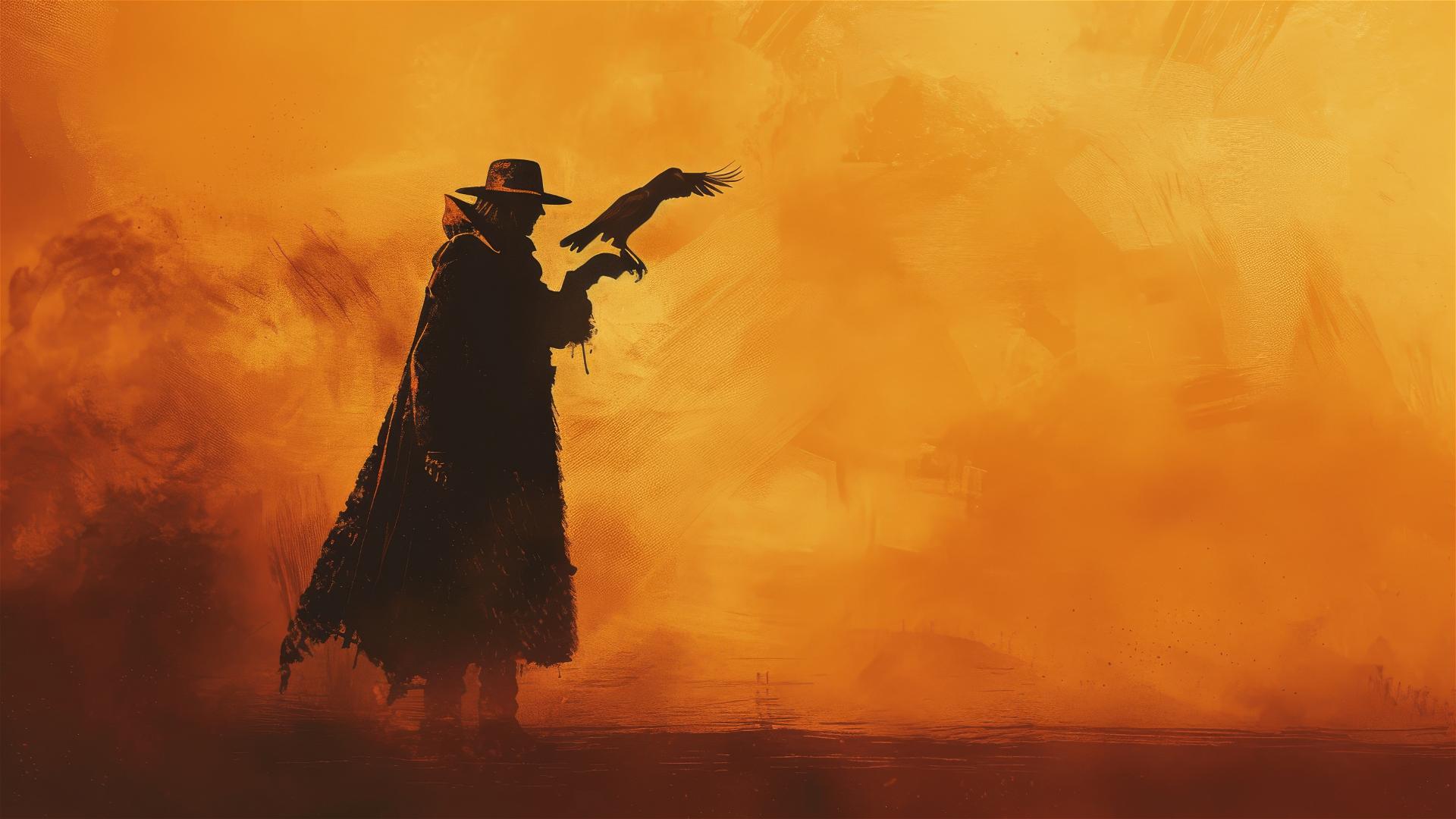 Shadowy figure with raven in orange fog, fantasy style