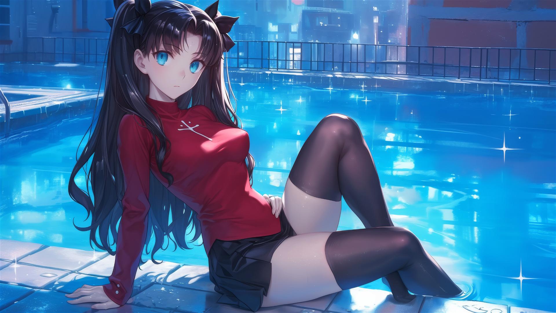Rin Tohsaka resting in pool under moonlight