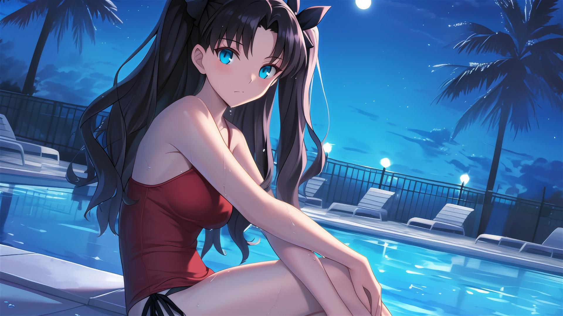 Rin Tohsaka resting by pool under moonlight