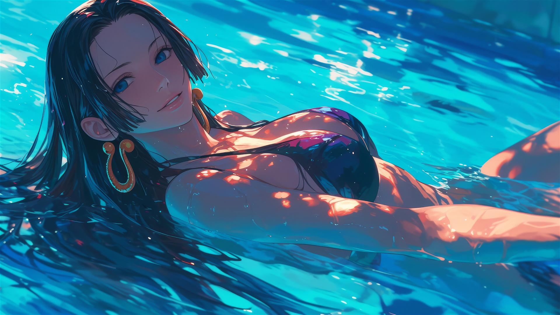 Boa Hancock from One Piece swimming under moonlight