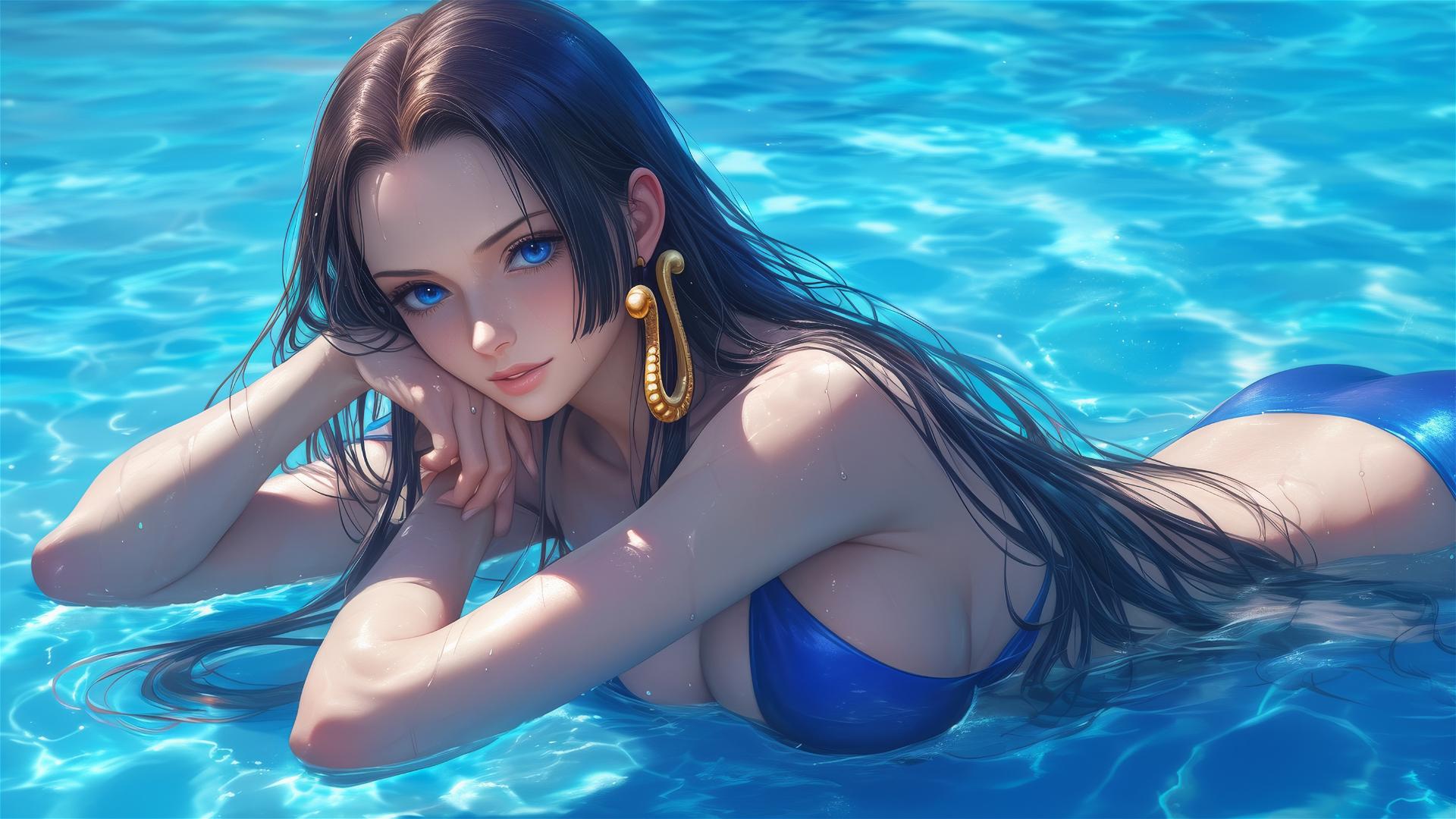 Boa Hancock swimming in moonlit pool