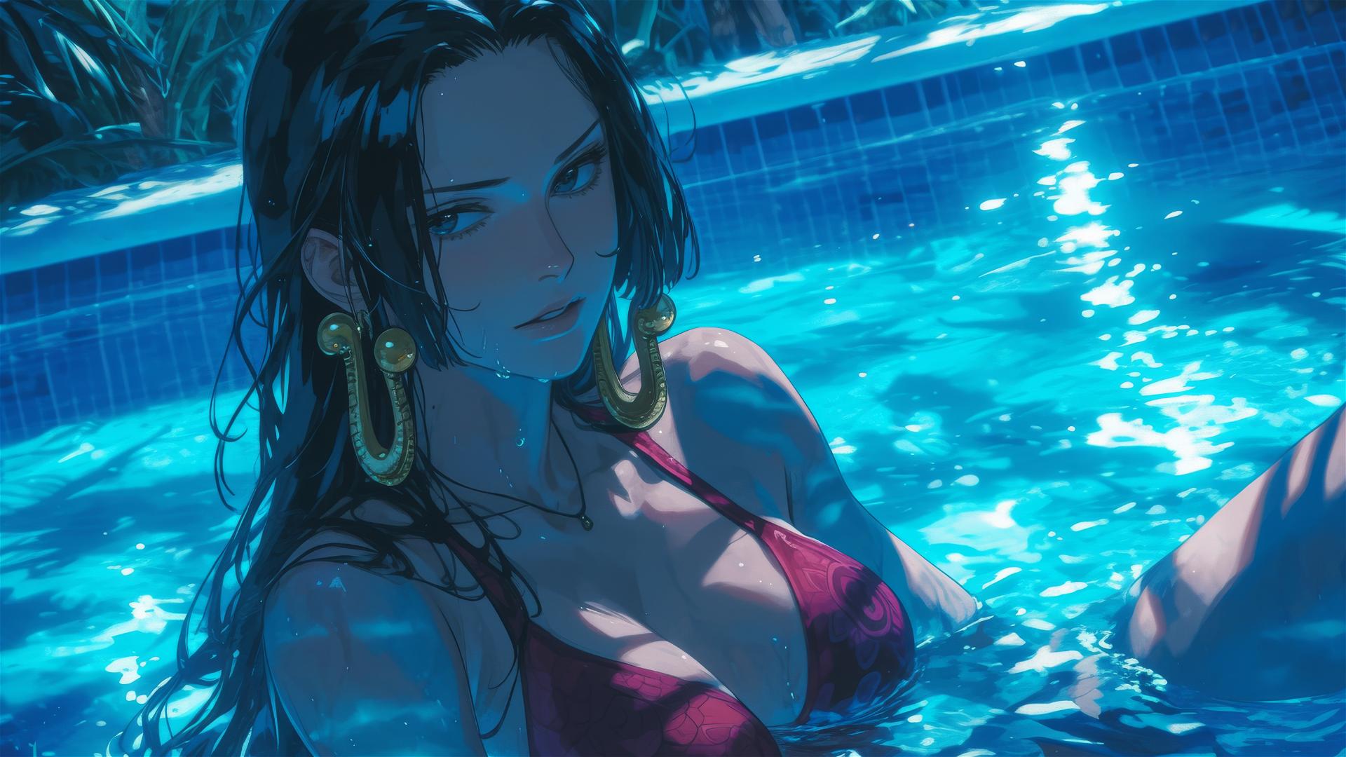 Boa Hancock from One Piece swimming in a pool under moonlight
