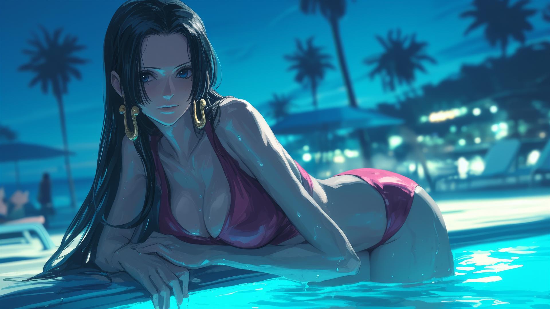 Boa Hancock resting by pool under moonlight
